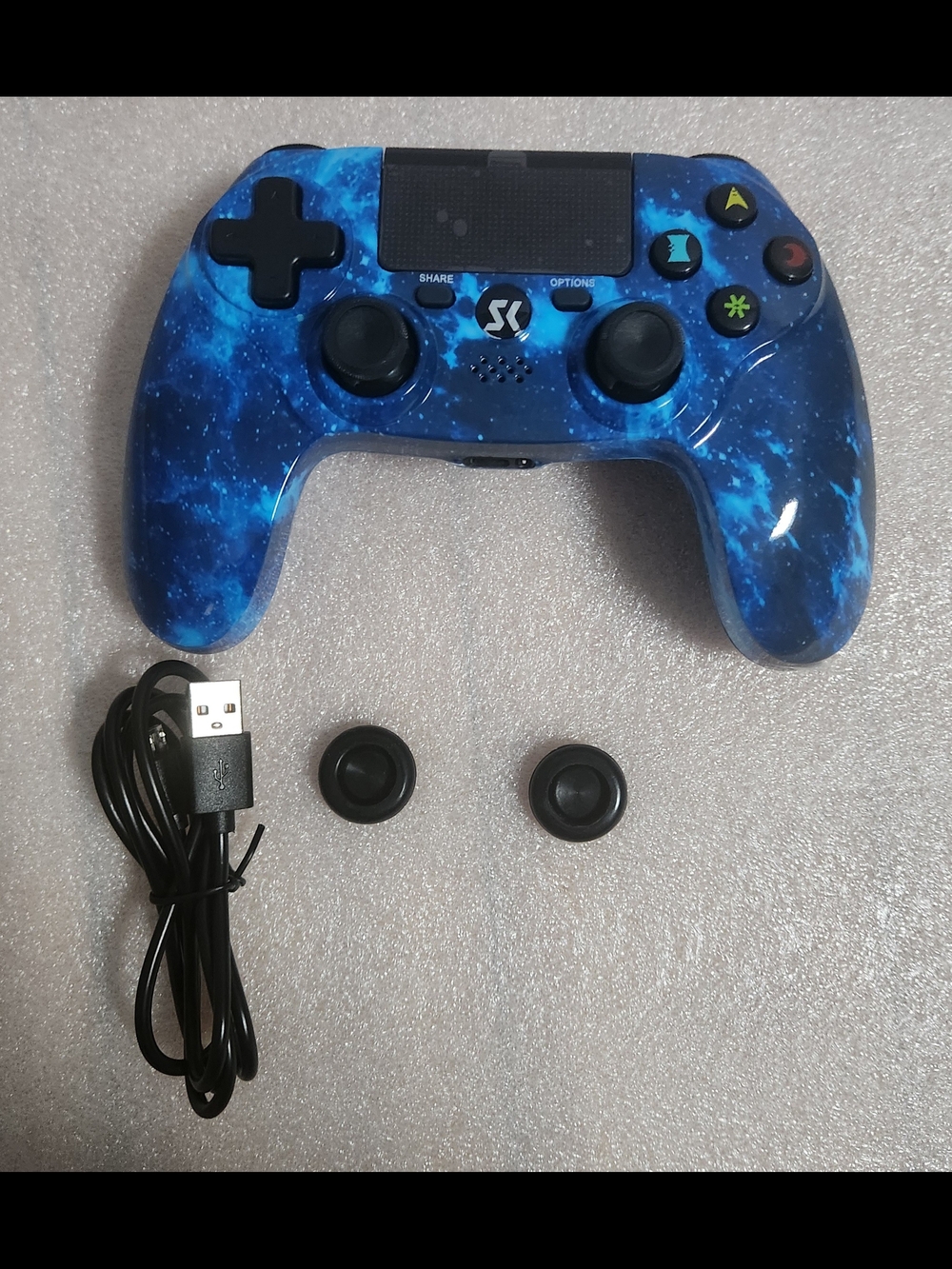 Aiko Blue Galaxy Wireless Gaming Controller with USB Cable and Thumbstick Caps